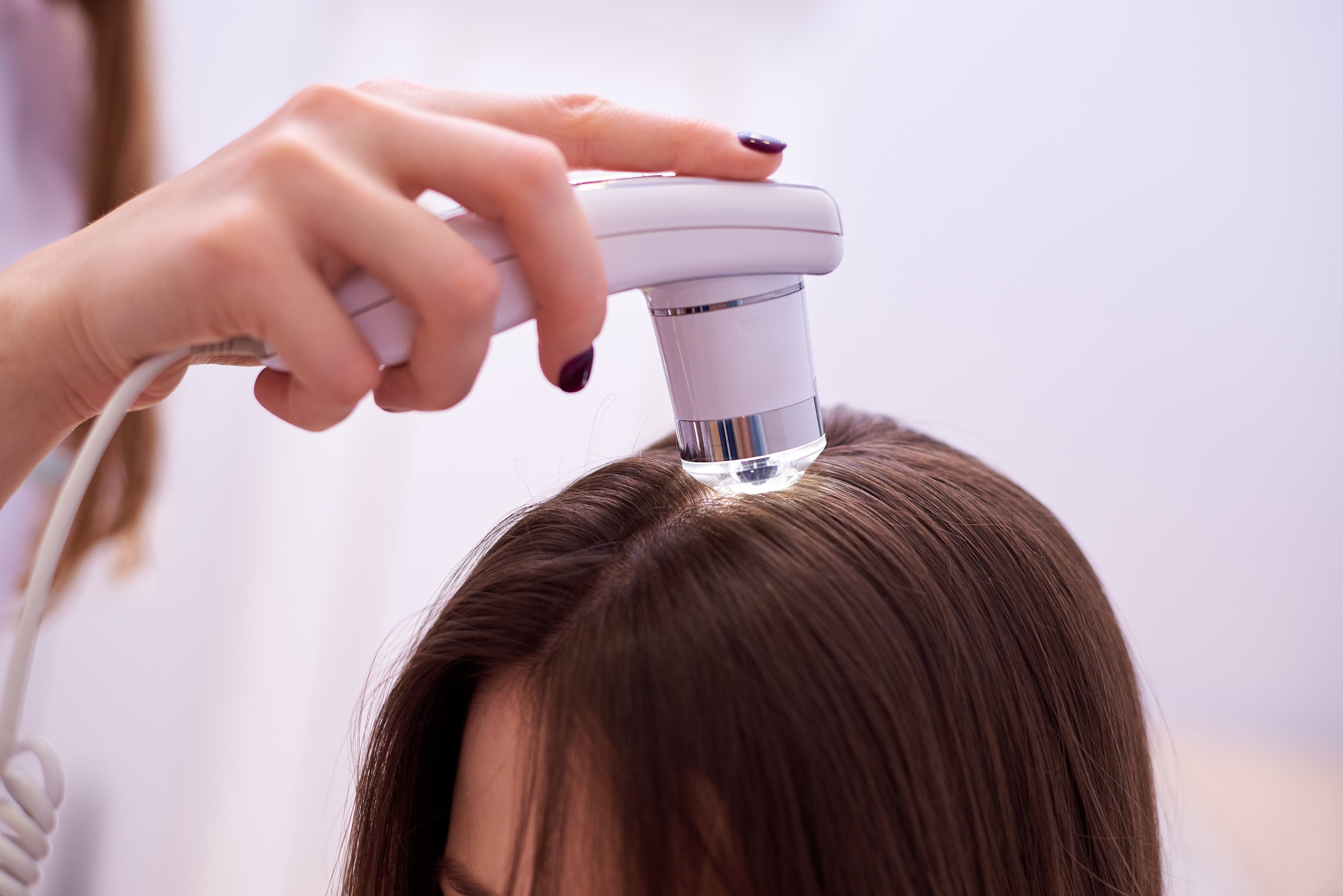 Doctor examines the hair and scalp of the patient in the clinic