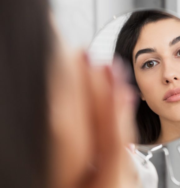 Girl Touching Face Looking At Perfect Skin In Mirror, Panorama